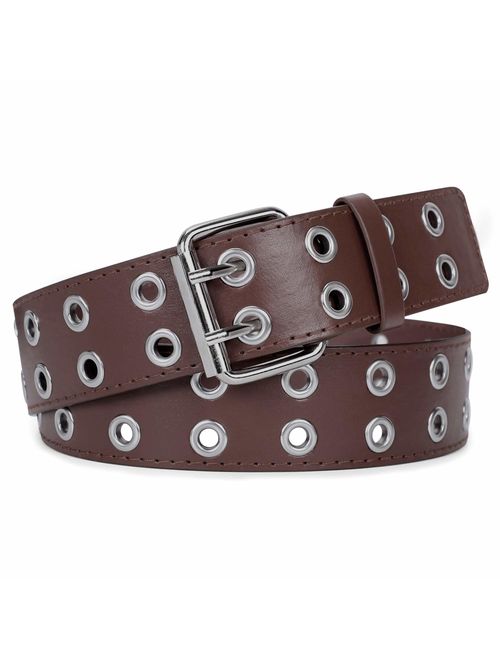 WERFORU Double Grommet Belt PU Leather Punk Belt for Women Jeans 2 Hole Belts for Coachella Belt 1.5 Wide