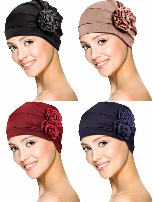 4 Pieces Turban Flower Head Wrap Beanie Scarf Cap Hair Loss Hat for Men and Women