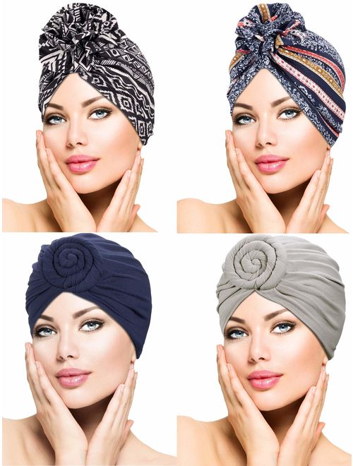 4 Pieces Turban Flower Head Wrap Beanie Scarf Cap Hair Loss Hat for Men and Women