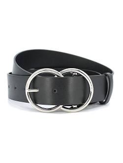 Women's Fashion 1 1/2" Mid Width Faux Leather Double Rings Buckle Belt