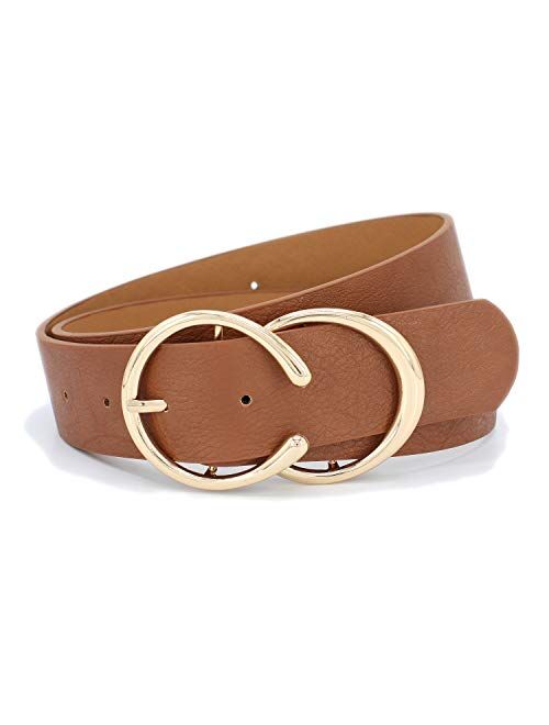 Women's Fashion 1 1/2" Mid Width Faux Leather Double Rings Buckle Belt