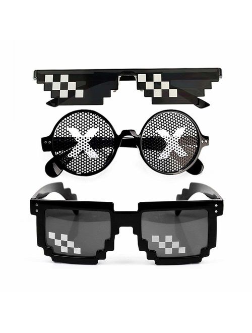 YSSHUI [3 Pack] Thug Life Sunglasses, Men Women Glass 8 Bit Pixel Mosaic Glasses Photo Props Unisex Sunglass Toy - Black