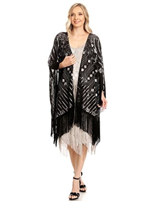 Anna Kaci Anna-Kaci Women Oversize Hand Beaded Fringed Sequin Evening Shawl Wrap Cover Up