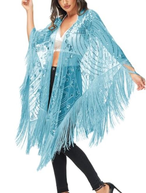 Anna Kaci Anna-Kaci Women Oversize Hand Beaded Fringed Sequin Evening Shawl Wrap Cover Up