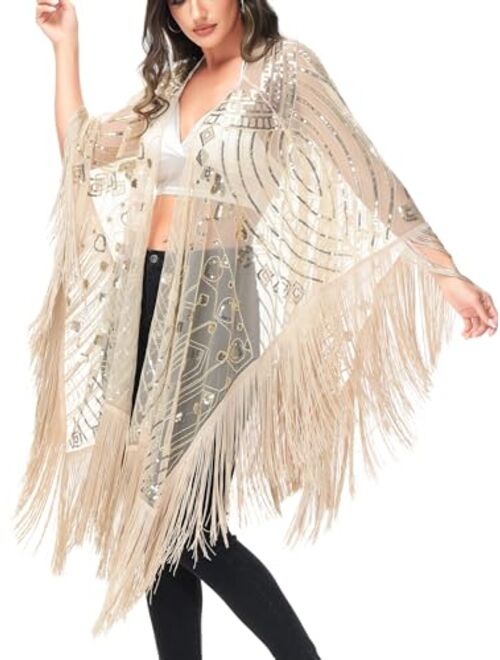 Anna Kaci Anna-Kaci Women Oversize Hand Beaded Fringed Sequin Evening Shawl Wrap Cover Up