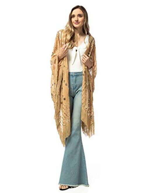 Anna Kaci Anna-Kaci Women Oversize Hand Beaded Fringed Sequin Evening Shawl Wrap Cover Up