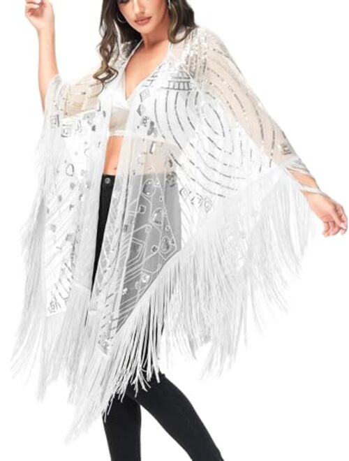 Anna Kaci Anna-Kaci Women Oversize Hand Beaded Fringed Sequin Evening Shawl Wrap Cover Up