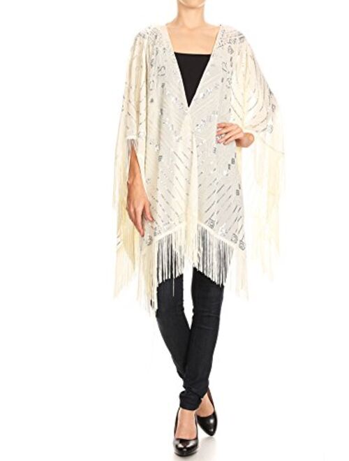 Anna Kaci Anna-Kaci Women Oversize Hand Beaded Fringed Sequin Evening Shawl Wrap Cover Up