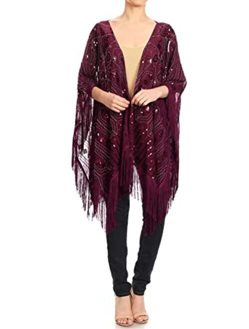 Anna Kaci Anna-Kaci Women Oversize Hand Beaded Fringed Sequin Evening Shawl Wrap Cover Up