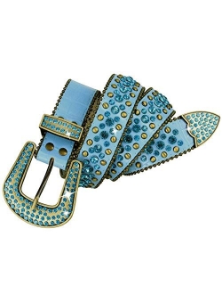 Women's Western Cowgirl Rhinestone Studded Leather Belt 1-1/2