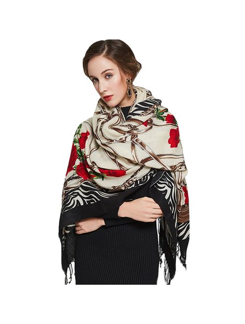 DANA XU 100% Pure Wool Women's Large Traditional Cultural Wear Pashmina Scarf (Black)