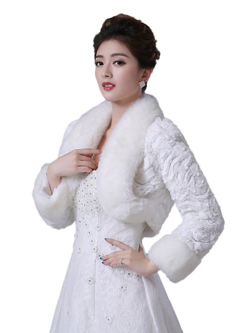 Oncefirst Women's Winter Faux Fur Wedding Jacket for Bride Wrap Shawl Bolero Jacket