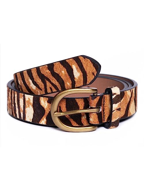 Leopard Belts for Women Leather Belt for Jeans with Double O Buckle by LOKLIK