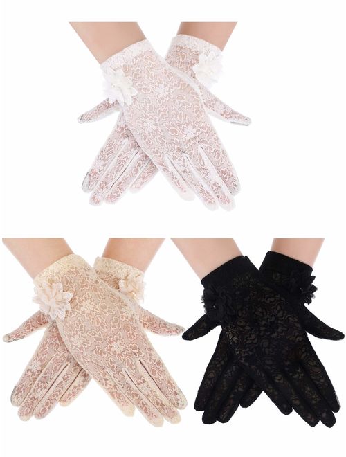 3 Pairs Women Lace Gloves Floral Lace Gloves Sun Protection Lace Gloves Dressy Gloves for Wedding Dinner Parties