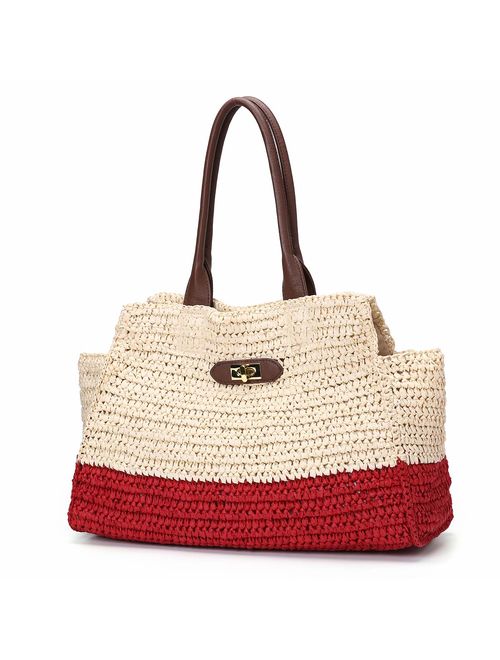 JOSEKO Summer Beach Bag, Women Straw Paper Handbag Top Handle Big Capacity Travel Tote Purse