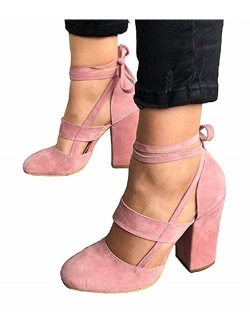 Huiyuzhi Womens Chunky Ankle Strappy Pumps Lace Up High Heels Sandals