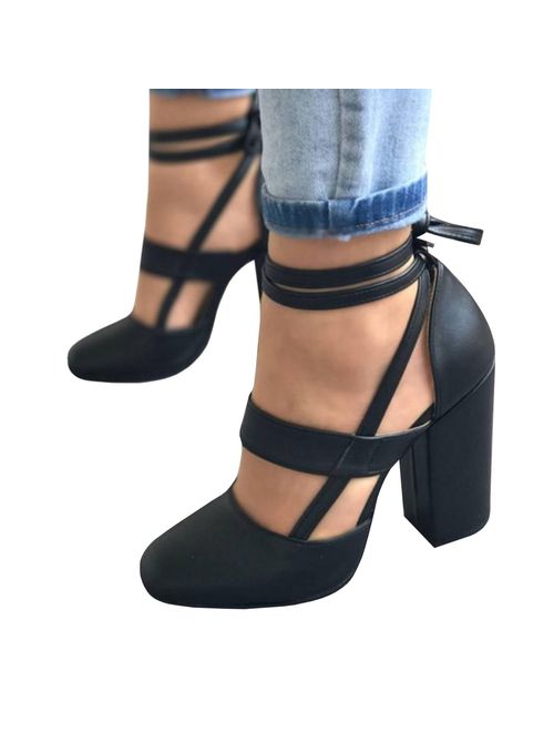 Huiyuzhi Womens Chunky Ankle Strappy Pumps Lace Up High Heels Sandals