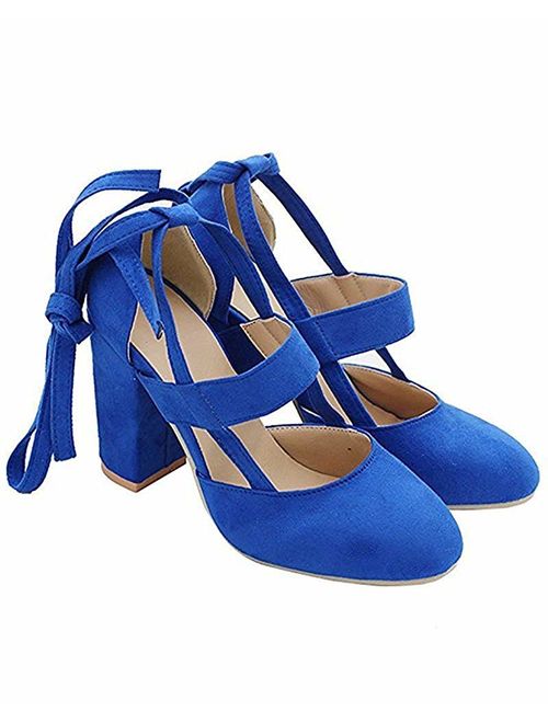 Huiyuzhi Womens Chunky Ankle Strappy Pumps Lace Up High Heels Sandals