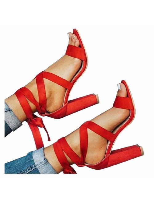 Huiyuzhi Womens Chunky Ankle Strappy Pumps Lace Up High Heels Sandals