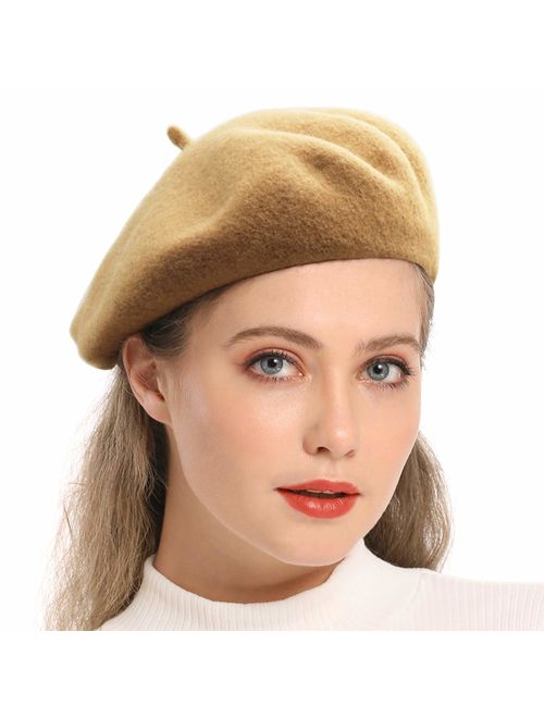 Wheebo Wool Beret Hat,Solid Color French Style Winter Warm Cap for Women Girls Lady