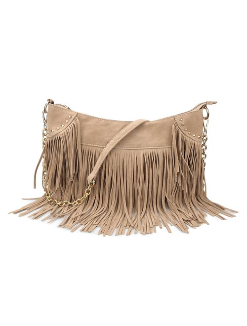 Hoxis Studded Tassel Faux Suede Leather Hobo Cross Body Chain Shoulder Bag Women's Satchel