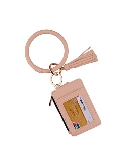 Lantintop Multifunctional Bangle Key Ring Card Holder PU Leather Round Keychain Wallet With Matching Wristlet For Women Girls