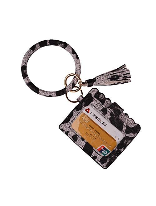 Lantintop Multifunctional Bangle Key Ring Card Holder PU Leather Round Keychain Wallet With Matching Wristlet For Women Girls