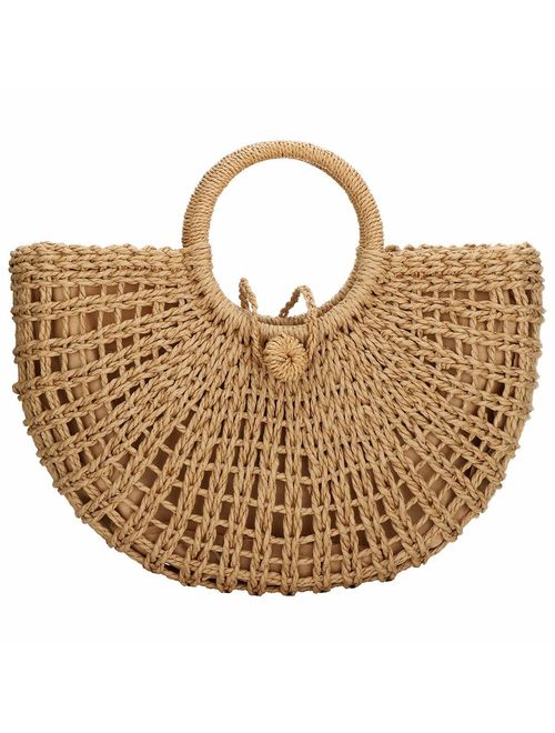 Hand-woven Straw Large Hobo Bag for Women Round Handle Ring Toto Retro Summer Beach Straw Bag