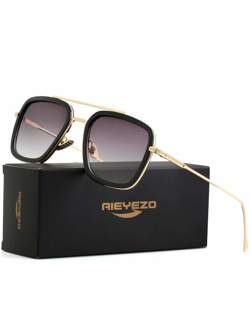 AIEYEZO Tony Stark Sunglasses Vintage Square Metal Frame Eyeglasses for Men Women - Iron Man and Spider-Man Sun Glasses