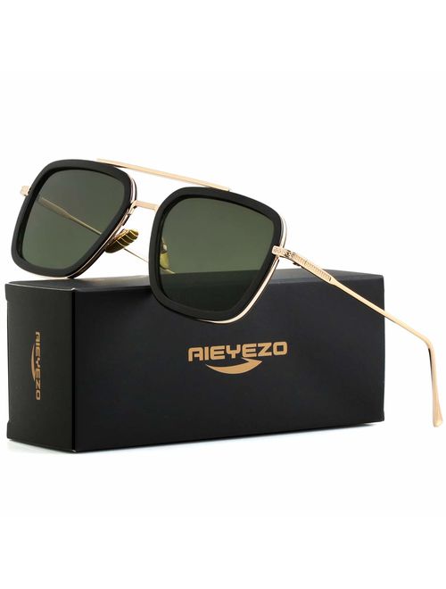 AIEYEZO Tony Stark Sunglasses Vintage Square Metal Frame Eyeglasses for Men Women - Iron Man and Spider-Man Sun Glasses