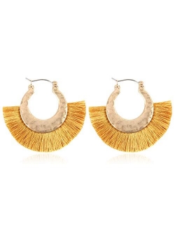 Bohemian Silky Thread Tassel Strand Fringe Statement Hoop Earrings - Lightweight Semi Circle Fan Threader, Mermaid Hoops