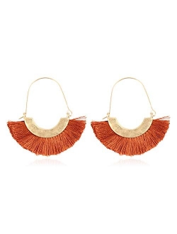 Bohemian Silky Thread Tassel Strand Fringe Statement Hoop Earrings - Lightweight Semi Circle Fan Threader, Mermaid Hoops