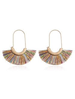 Bohemian Silky Thread Tassel Strand Fringe Statement Hoop Earrings - Lightweight Semi Circle Fan Threader, Mermaid Hoops