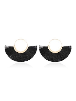 Bohemian Silky Thread Tassel Strand Fringe Statement Hoop Earrings - Lightweight Semi Circle Fan Threader, Mermaid Hoops