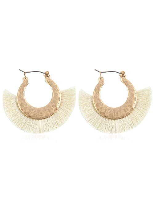 Riah Fashion Bohemian Silky Thread Tassel Strand Fringe Statement Hoop Earrings - Lightweight Semi Circle Fan Threader, Mermaid Hoops