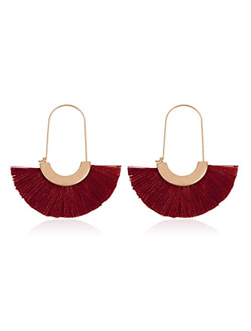 Riah Fashion Bohemian Silky Thread Tassel Strand Fringe Statement Hoop Earrings - Lightweight Semi Circle Fan Threader, Mermaid Hoops