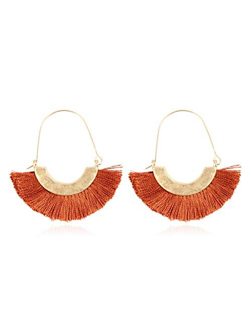 Riah Fashion Bohemian Silky Thread Tassel Strand Fringe Statement Hoop Earrings - Lightweight Semi Circle Fan Threader, Mermaid Hoops