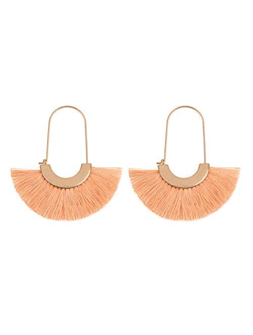 Riah Fashion Bohemian Silky Thread Tassel Strand Fringe Statement Hoop Earrings - Lightweight Semi Circle Fan Threader, Mermaid Hoops