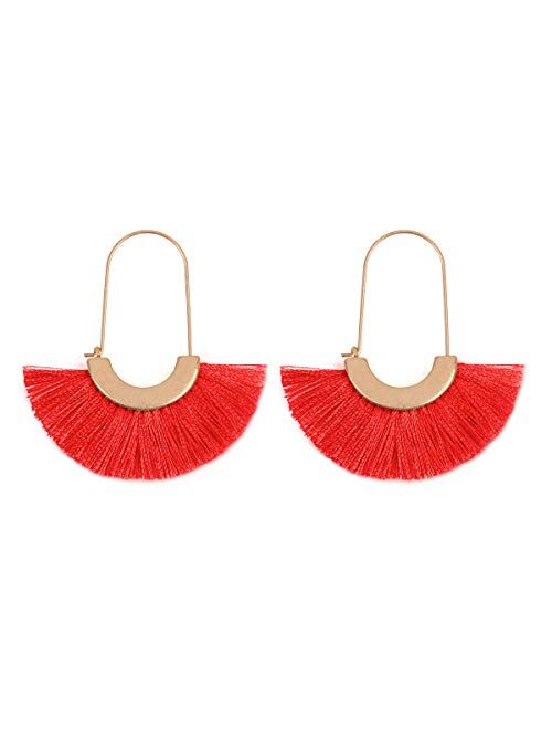 Riah Fashion Bohemian Silky Thread Tassel Strand Fringe Statement Hoop Earrings - Lightweight Semi Circle Fan Threader, Mermaid Hoops