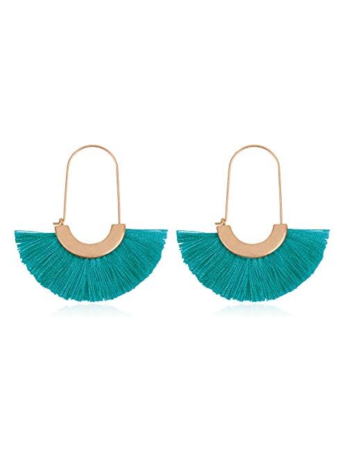 Riah Fashion Bohemian Silky Thread Tassel Strand Fringe Statement Hoop Earrings - Lightweight Semi Circle Fan Threader, Mermaid Hoops