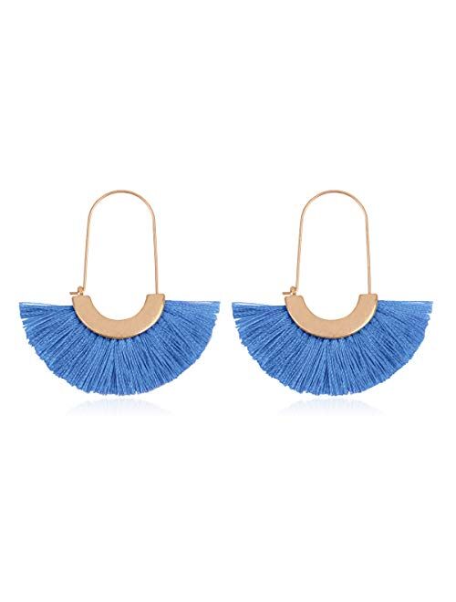 Riah Fashion Bohemian Silky Thread Tassel Strand Fringe Statement Hoop Earrings - Lightweight Semi Circle Fan Threader, Mermaid Hoops