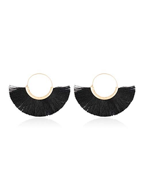 Riah Fashion Bohemian Silky Thread Tassel Strand Fringe Statement Hoop Earrings - Lightweight Semi Circle Fan Threader, Mermaid Hoops