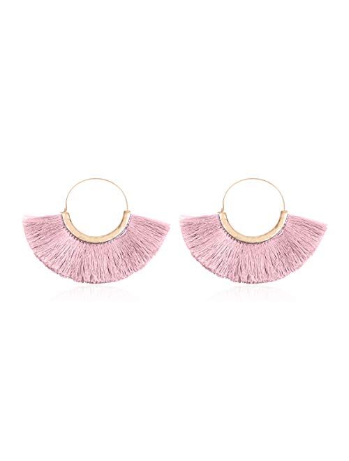 Riah Fashion Bohemian Silky Thread Tassel Strand Fringe Statement Hoop Earrings - Lightweight Semi Circle Fan Threader, Mermaid Hoops