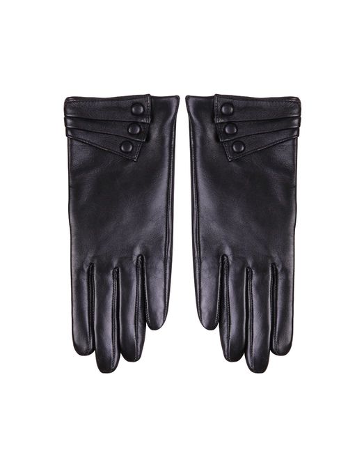 Nappaglo Nappa Leather Gloves Warm Lining Winter Button Decoration Lambskin for Women