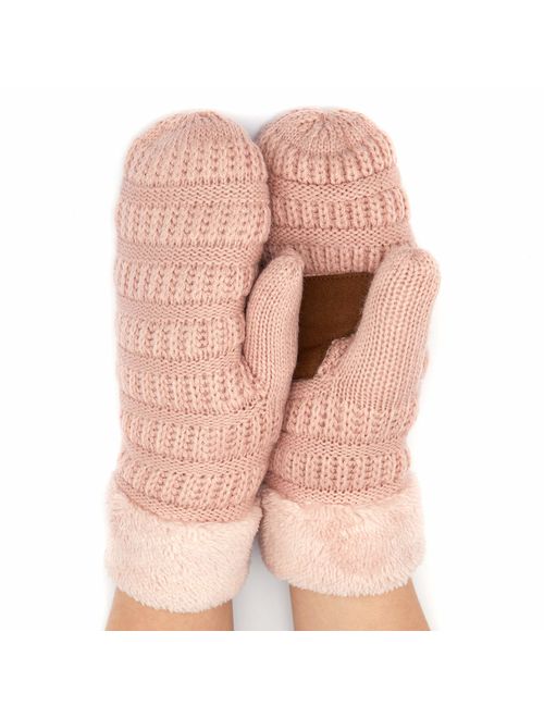 C.C Women Thick Knit Faux Fur Sherpa Fleece Lined Warm Winter Gloves Mittens (CG-36)