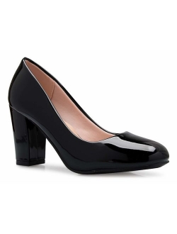 Olivia K Women's Black Classic Round-Toe Platform High Block Heel Pumps