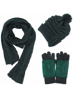 AGOOL Scarf Hat Gloves Set Women - Gift for Women Pom Beanie Warm Thick Cable Knit Touch Screen Gloves Long Scarf 3pcs Winter