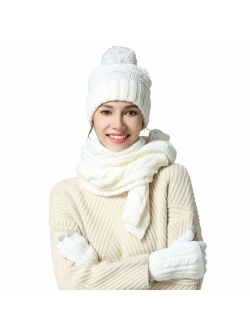 AGOOL Scarf Hat Gloves Set Women - Gift for Women Pom Beanie Warm Thick Cable Knit Touch Screen Gloves Long Scarf 3pcs Winter