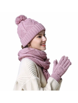 AGOOL Scarf Hat Gloves Set Women - Gift for Women Pom Beanie Warm Thick Cable Knit Touch Screen Gloves Long Scarf 3pcs Winter