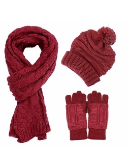 AGOOL Scarf Hat Gloves Set Women - Gift for Women Pom Beanie Warm Thick Cable Knit Touch Screen Gloves Long Scarf 3pcs Winter